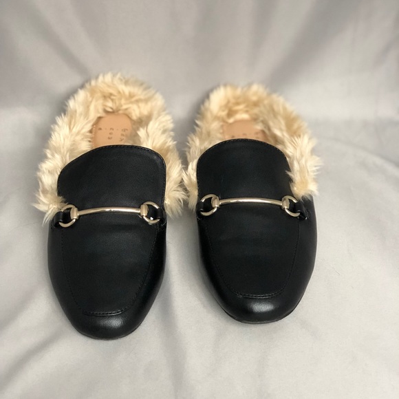 faux leather fur backless mules